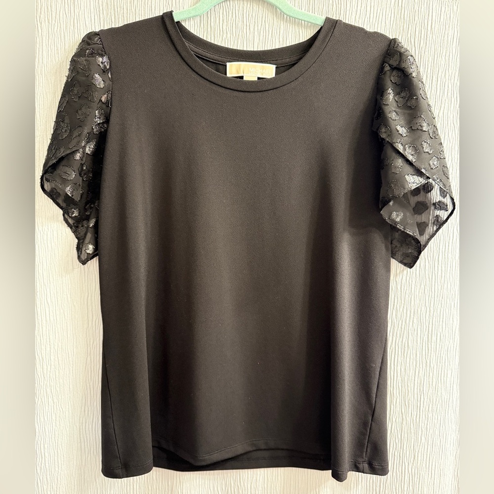 Michael Kors Black Top with Sheer Leopard  Sleeves